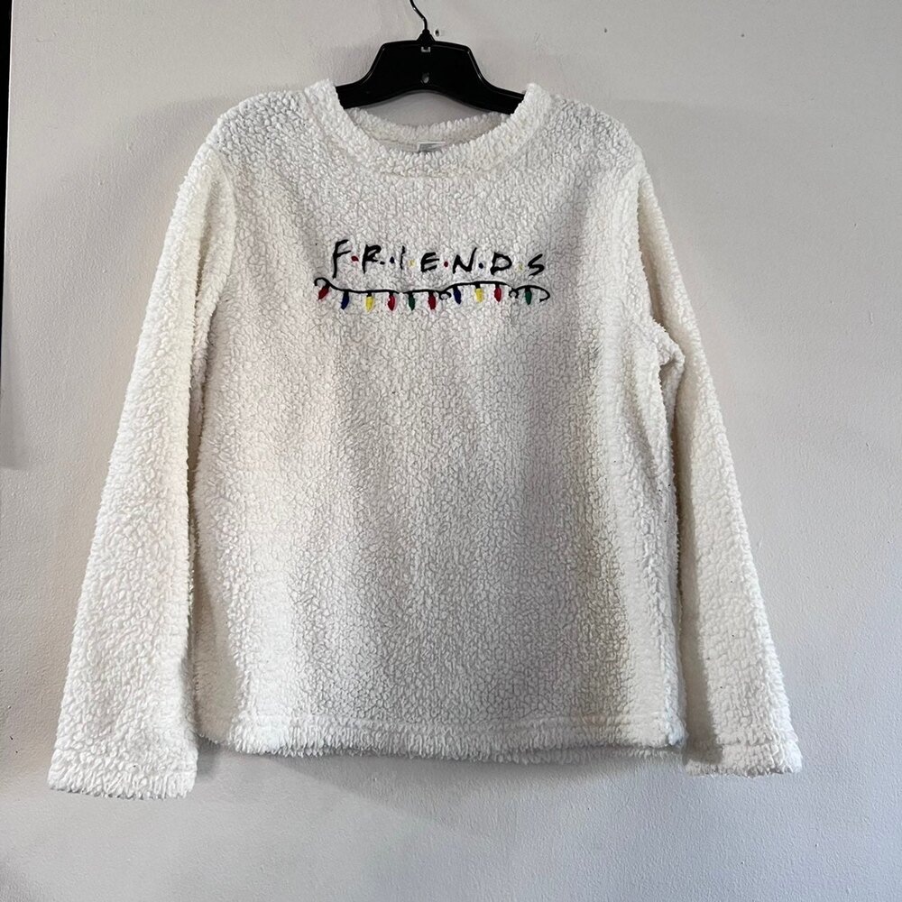 Friends Plush Velour Logo Pajama Sweater Ivory Cozy Womens Size M 8-10